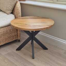 Mango Wood Round Coffee Table Industrial Style Black Metal Legs - thumbnail 3