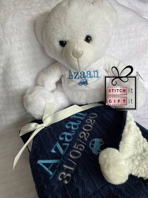 Personalised Baby Gift Set Grey Cable Knitted Pink Blue Car Flower Nursery Blanket & White Teddy -Name Embroidered Pom Pom/Sherpa Reverse - image 1