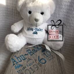 Personalised Baby Gift Set Grey Cable Knitted Pink Blue Car Flower Nursery Blanket & White Teddy -Name Embroidered Pom Pom/Sherpa Reverse - thumbnail 2
