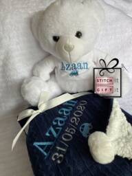 Personalised Baby Gift Set Grey Cable Knitted Pink Blue Car Flower Nursery Blanket & White Teddy -Name Embroidered Pom Pom/Sherpa Reverse - thumbnail 1
