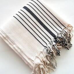 Organic Bamboo Turkish Towel Beige Peshtemal With Hand-Knotted Tassels - thumbnail 2