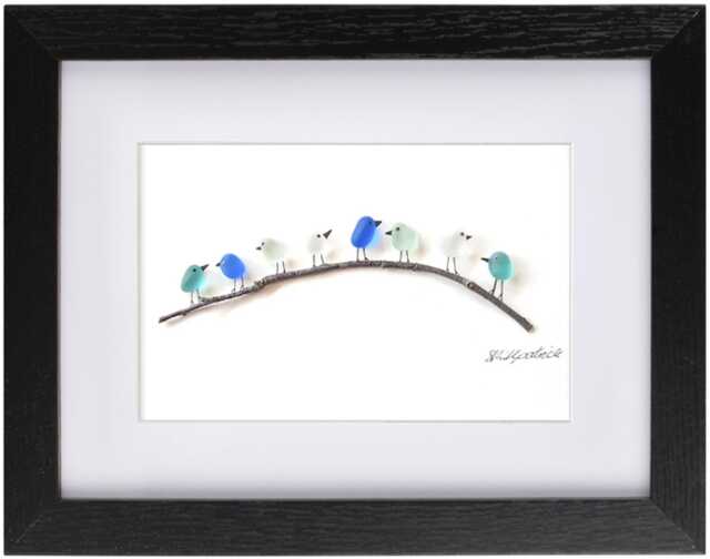 Ocean Spray Birds On Branch - Sea Glass Picture Framed Handmade - image 1