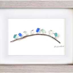 Ocean Spray Birds On Branch - Sea Glass Picture Framed Handmade - thumbnail 3