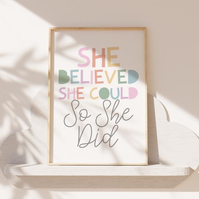 She Believed Could So Did Print, Girls Affirmation Pastel Colours, Bedroom Decor, Wall Art, Home, Print - image 1