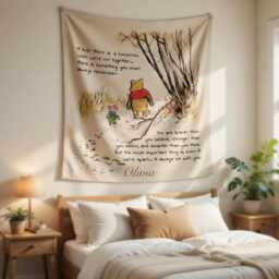 Winnie The Pooh Wall Tapestry - Nursery Boho Decor, Hundred Acre Wood Hanging, Bear Baby Room, Kids Bedroom - thumbnail 3