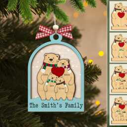 Custom Family Bear Ornament, Christmas Hug Bears Keepsake, Mom Gift, Xmas Holiday 2-Layered Wooden Ornament - thumbnail 2