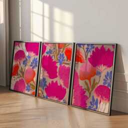 Bright Floral Wall Art Prints Set Of 3, Modern Botanical Posters, Pink & Orange Flower Artwork For Contemporary Living Room Or Home Decor - thumbnail 2