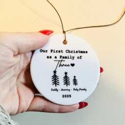 First Christmas As A Family Of Three Ceramic Bauble, 2025 Decor, Personalised New Gift, Xmas, Baby Christmas - thumbnail 2