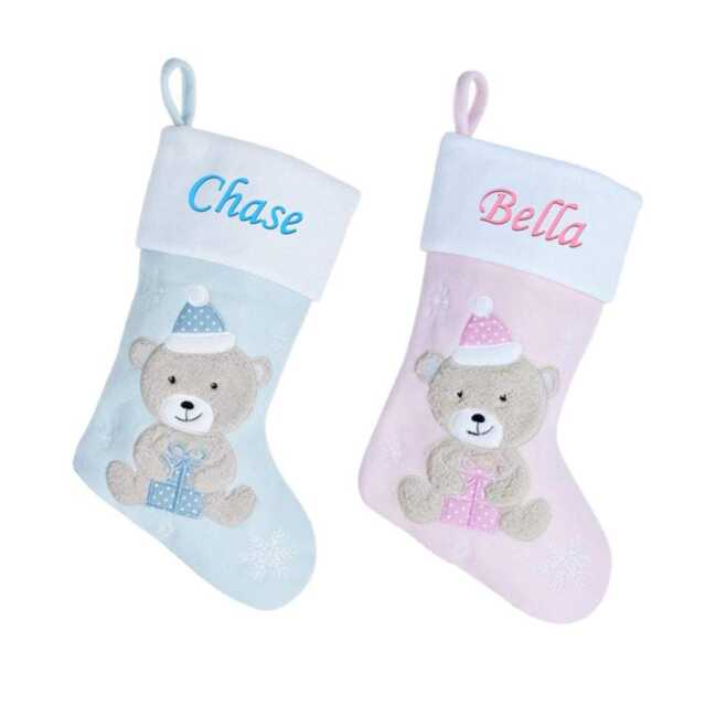 Personalised Teddy Present Christmas Stocking Deluxe Luxury Xmas Eve Sack Gift Embroidered Name Children's Santa Boys Girls - image 1