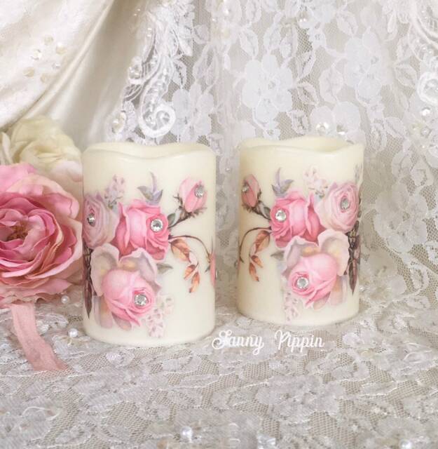 Shabby Chic Flameless Candles Pink Rose Decoupage, Rhinestone Jewels - image 1