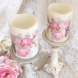 Shabby Chic Flameless Candles Pink Rose Decoupage, Rhinestone Jewels - thumbnail 2