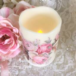 Shabby Chic Flameless Candles Pink Rose Decoupage, Rhinestone Jewels - thumbnail 3