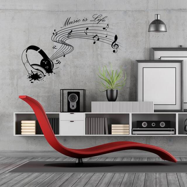 Music Is Life Wall Sticker - Note Quote Gift Decor Art Vinyl Decal Dj Room Festival Love Event Earphone Saying Sign Stick Mural - image 1