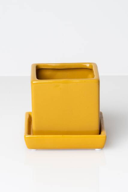 Yellow Colorful Cube Ceramic Planter With Saucer, Planter, Small Plant Pot, Pot Succulent Mini - image 1