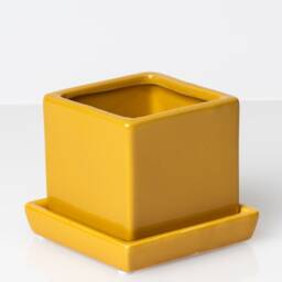 Yellow Colorful Cube Ceramic Planter With Saucer, Planter, Small Plant Pot, Pot Succulent Mini - thumbnail 2