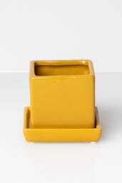 Yellow Colorful Cube Ceramic Planter With Saucer, Planter, Small Plant Pot, Pot Succulent Mini