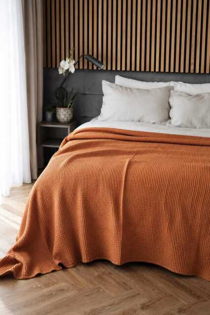Terracotta Linen Waffle Blanket, Cotton Throw, Soft Bed Cover, Lightweight Coverlet, Farmhouse Bedding, Queen King Blanket - image 1