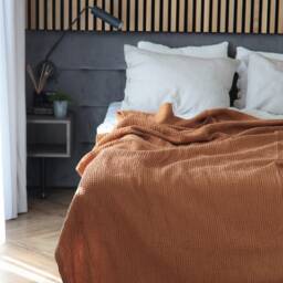 Terracotta Linen Waffle Blanket, Cotton Throw, Soft Bed Cover, Lightweight Coverlet, Farmhouse Bedding, Queen King Blanket - thumbnail 2