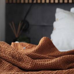 Linen Throw in Terracotta, Cotton Waffle Blanket, Large Coverlet, Bed Cover, Softened Summer Blanket - thumbnail 2