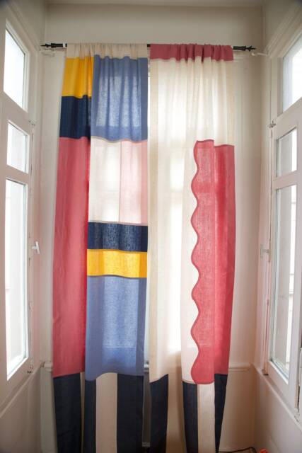 Set Of 2 Modern Japanese Linen Curtain, Multicolors Pink Wavy Window Panel, Pop Art Room Divider, Korean Patchwork, Custom Made Curtain - image 1