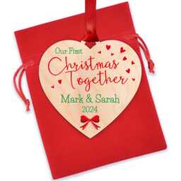 Our First Christmas Together Couples Decoration - Personalised 1st Wooden Heart Gifts For Girlfriend Boyfriend With Red Bag - thumbnail 3