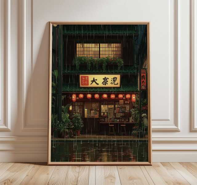 Tokyo Ramen Shop Poster, Japanese Rainy Night Anime Wall Art Print in Cinematic Illustration Style - image 1