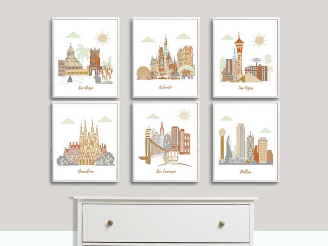 Travel Nursery Art - San Diego, Orlando, Las Vegas, Barcelona, Francisco - Green, Brown, Gray - image 1