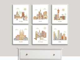 Travel Nursery Art - San Diego, Orlando, Las Vegas, Barcelona, Francisco - Green, Brown, Gray - thumbnail 1
