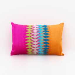 Silk Pillow Cover, Ikat Embroidery, Pink/Orange, Asian Style, Multicolour, Lumbar Pillow, Indian Ethnic