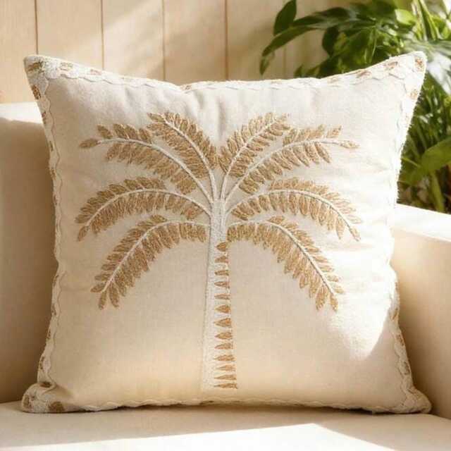 Embroidered Palm Tree Cushion Cover Without Filler, Cream, Neutral Cushion, Beach Home, Holiday, Throw Decor - image 1