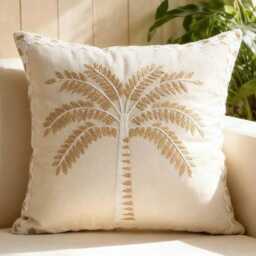 Embroidered Palm Tree Cushion Cover Without Filler, Cream, Neutral Cushion, Beach Home, Holiday, Throw Decor - thumbnail 1