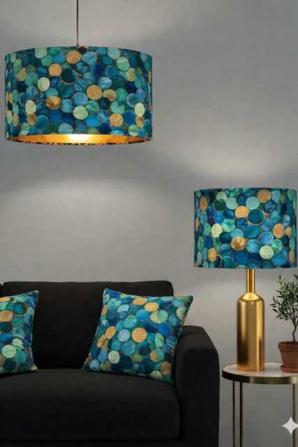 Handmade By Order Luxurious Abstract Teal Gold Round Circle Drum Velvet Lamp Shade Pendant Light All Sizes & Shapes Available - image 1