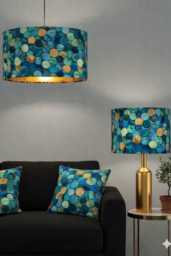 Handmade By Order Luxurious Abstract Teal Gold Round Circle Drum Velvet Lamp Shade Pendant Light All Sizes & Shapes Available