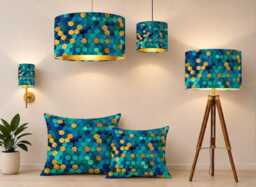 Handmade By Order Luxurious Abstract Teal Gold Round Circle Drum Velvet Lamp Shade Pendant Light All Sizes & Shapes Available
