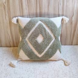 Natural White Ivory & Sage Green 100% Cotton Tufted Textured 16x16, 20x20, Inches Boho Decorative Pillow Case Throw Cover - thumbnail 1