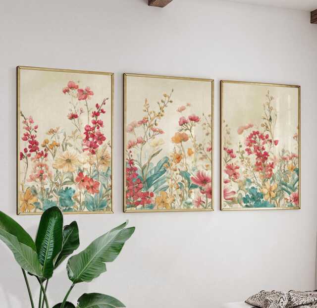 Watercolor Floral Botanical Wall Art Posters - Soft Pastel Wildflower Illustration Triptych Set Of 3 - image 1