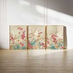 Watercolor Floral Botanical Wall Art Posters - Soft Pastel Wildflower Illustration Triptych Set Of 3 - thumbnail 3