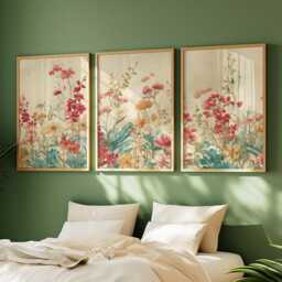 Watercolor Floral Botanical Wall Art Posters - Soft Pastel Wildflower Illustration Triptych Set Of 3 - thumbnail 2