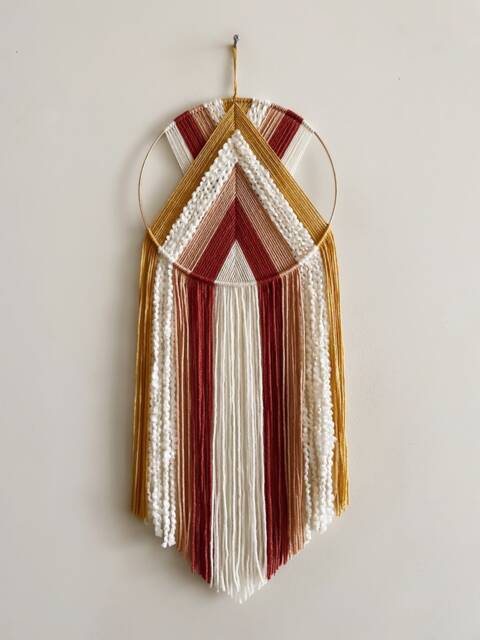 Yarn Hoop Wall Hanging Mustard, Pink & White, Modern Boho Decor - image 1