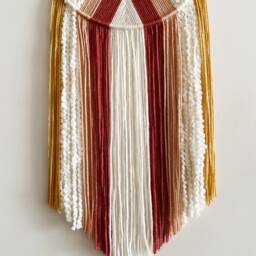Yarn Hoop Wall Hanging Mustard, Pink & White, Modern Boho Decor - thumbnail 2