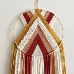 Yarn Hoop Wall Hanging Mustard, Pink & White, Modern Boho Decor - thumbnail 3