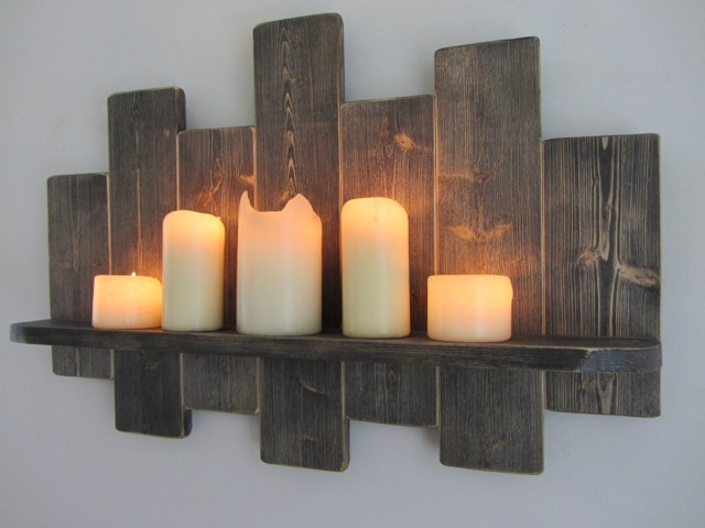 66cm Distressed Black Reclaimed Pallet Wood Floating Shelf/Led Candle Holder Shabby Chic Country Cottage Furniture - image 1