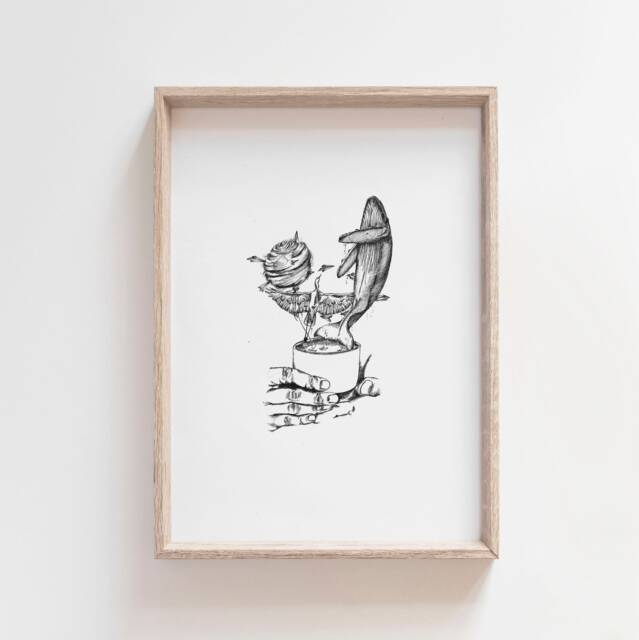 Tea Series Imagination - Teacup - Whale Cotton Candy Crane Ink Illustration Wall Art Giclee Print - image 1