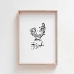 Tea Series Imagination - Teacup - Whale Cotton Candy Crane Ink Illustration Wall Art Giclee Print - thumbnail 1