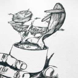 Tea Series Imagination - Teacup - Whale Cotton Candy Crane Ink Illustration Wall Art Giclee Print - thumbnail 3