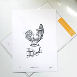 Tea Series Imagination - Teacup - Whale Cotton Candy Crane Ink Illustration Wall Art Giclee Print - thumbnail 2