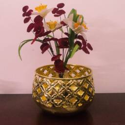 Handmade Cut-Work Brass Planter - Golden Plant Container Flower Pot/Tabletop Decor - thumbnail 2