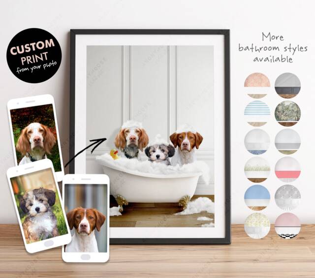 Custom Three Pets in Bath Print, Personalised Dogs A Bathtub, Dog From Photo Art Pet Gift, Unique Or Cat Wall - image 1
