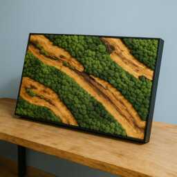 Olive Wood & Preserved Moss Wall Art, Biophilic Decor in Black Frame - thumbnail 3