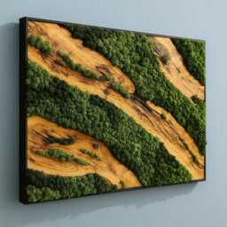 Olive Wood & Preserved Moss Wall Art, Biophilic Decor in Black Frame - thumbnail 1